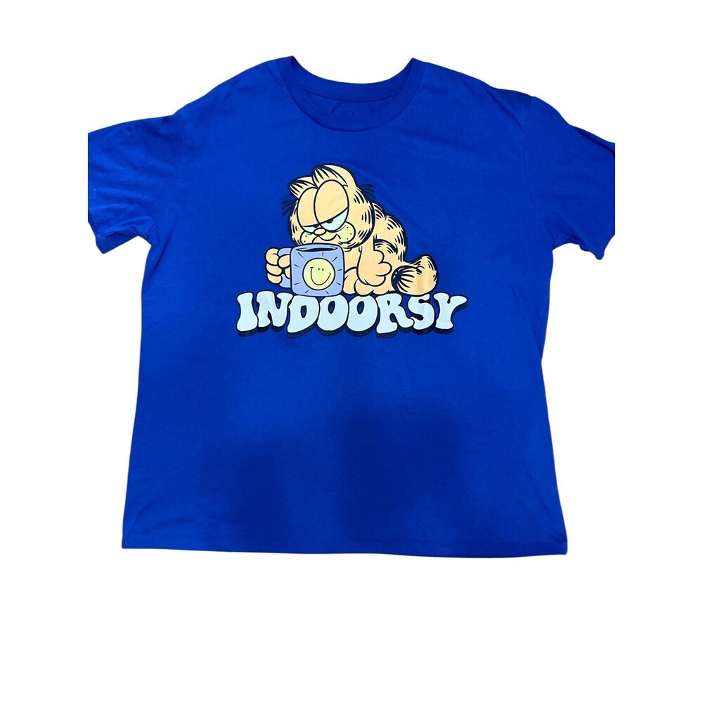 Garfield Mood Royal Blue Short Sleeve Graphic T-Shirt Size L Indoorsy Cotton 80'